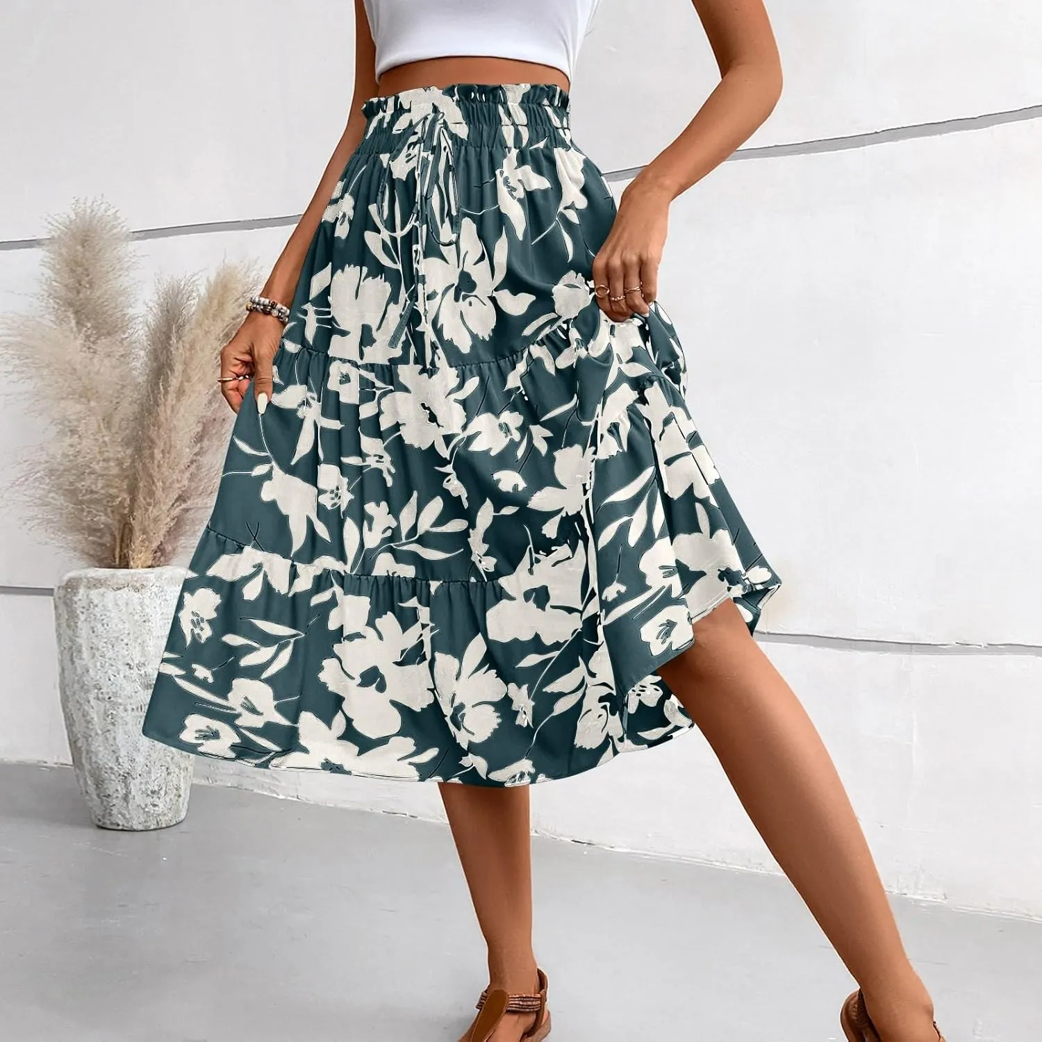 Spring Skirts for Women 2025 Floral Beach Midi Skirt Flowy Tiered Elastic High Waisted Skirts Swing A Line Skirt