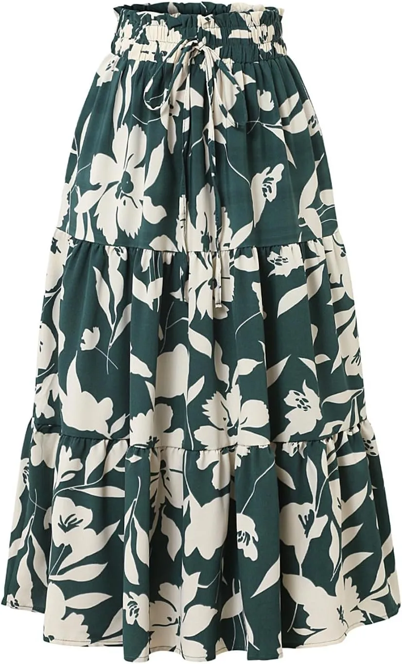 Spring Skirts for Women 2025 Floral Beach Midi Skirt Flowy Tiered Elastic High Waisted Skirts Swing A Line Skirt