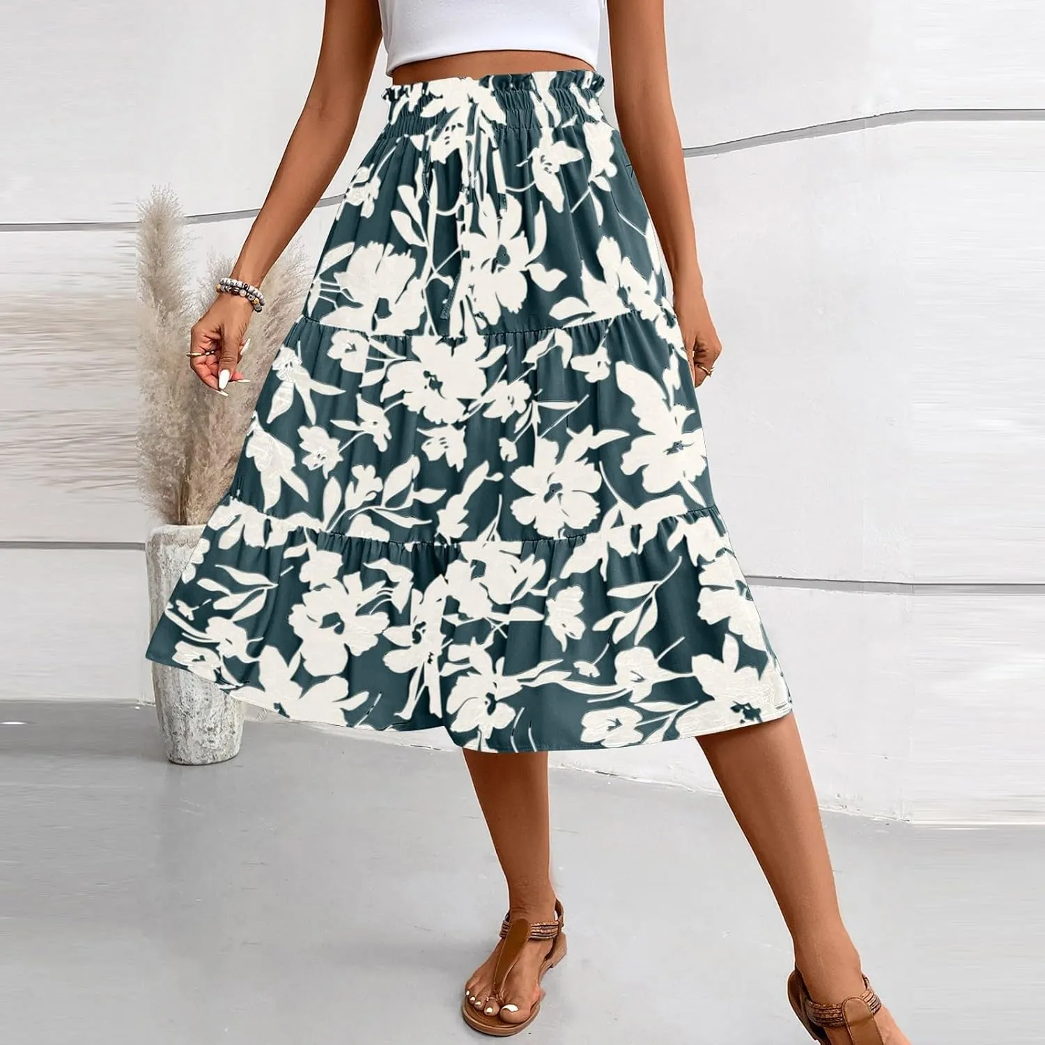 Spring Skirts for Women 2025 Floral Beach Midi Skirt Flowy Tiered Elastic High Waisted Skirts Swing A Line Skirt