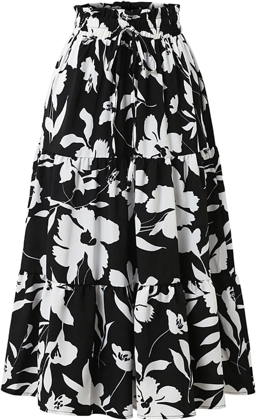 Summer Boho Floral Print Casual Skirt for Women, Fashion Drawstring Ruched Tiered Midi Skirts Elastic Comfy Flowy Clothes