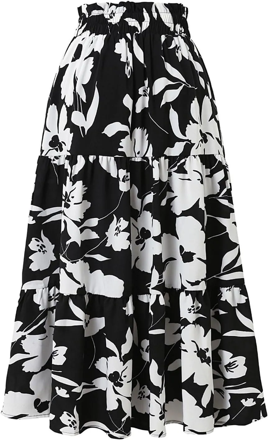 Summer Boho Floral Print Casual Skirt for Women, Fashion Drawstring Ruched Tiered Midi Skirts Elastic Comfy Flowy Clothes