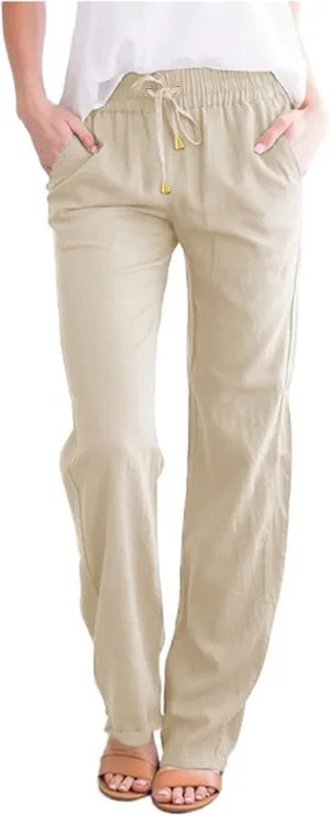 Summer Linen Pants Women Casual Lightweight Loose Lounge Trouser Drawstring Elastic High Waist Comfy Palazzo Long Pant