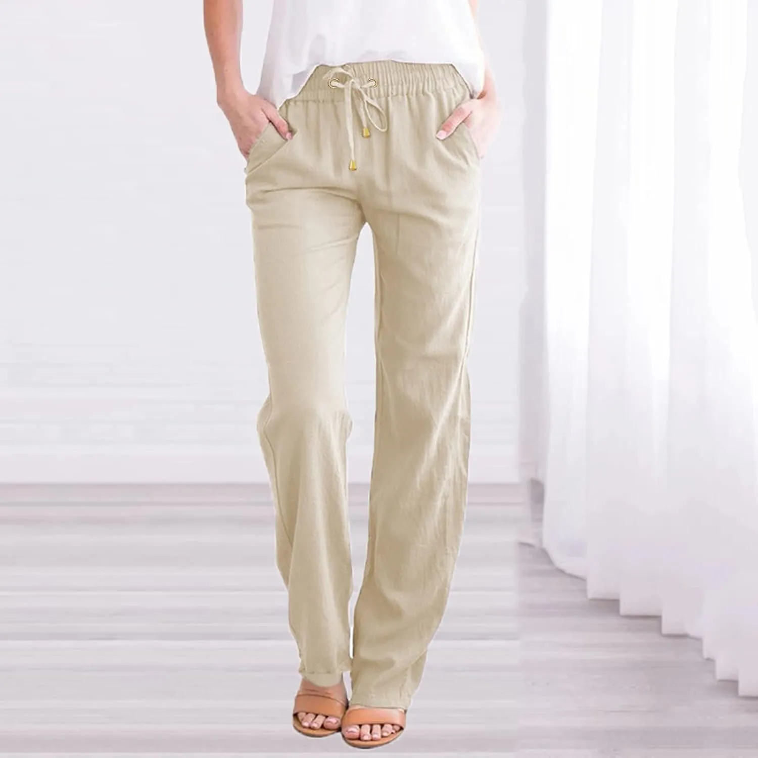 Summer Linen Pants Women Casual Lightweight Loose Lounge Trouser Drawstring Elastic High Waist Comfy Palazzo Long Pant
