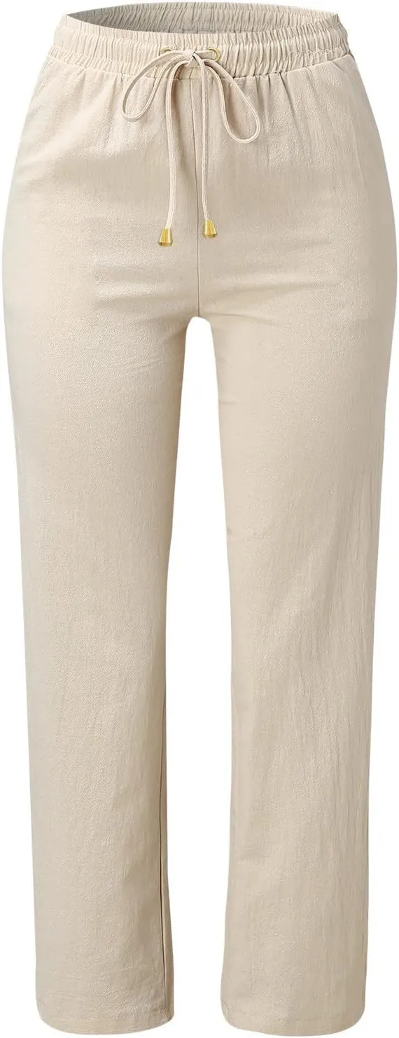 Summer Linen Pants Women Casual Lightweight Loose Lounge Trouser Drawstring Elastic High Waist Comfy Palazzo Long Pant