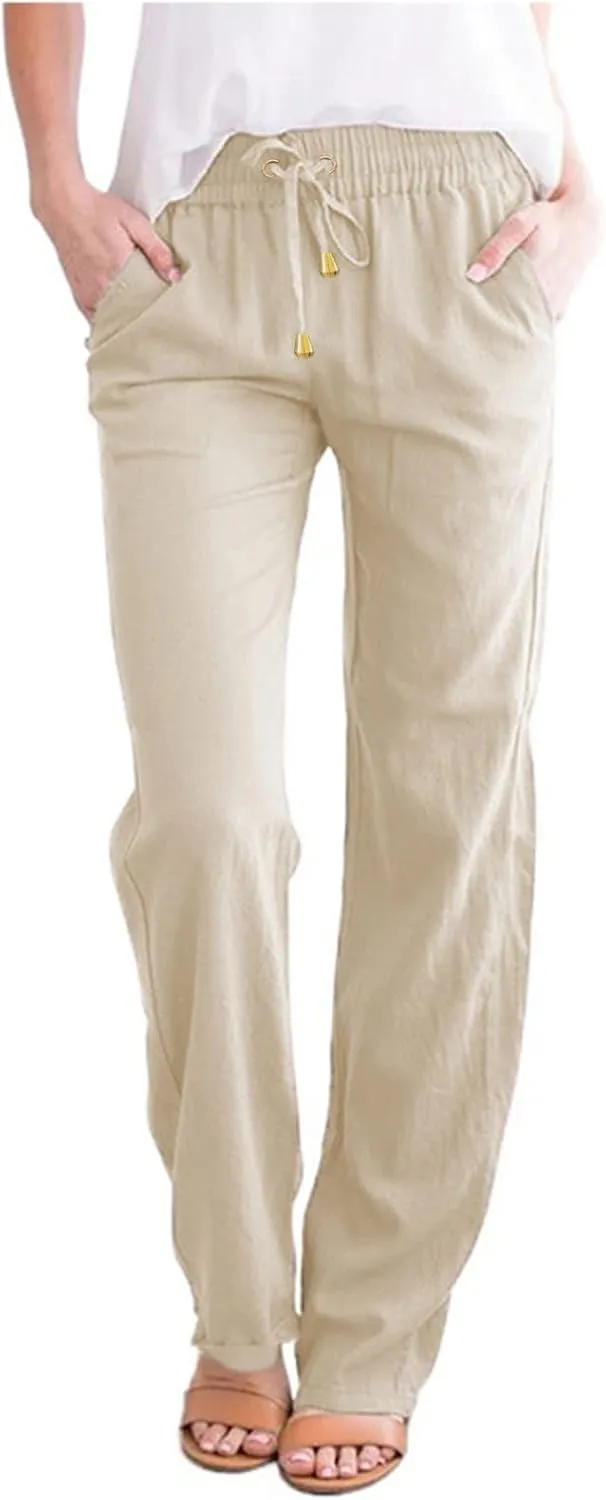 Summer Linen Pants Women Casual Lightweight Loose Lounge Trouser Drawstring Elastic High Waist Comfy Palazzo Long Pant
