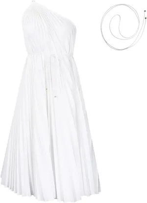 Summer New Solid Color Diagonal Shoulder Strap A-line Skirt Loose Pleated European and American Dress