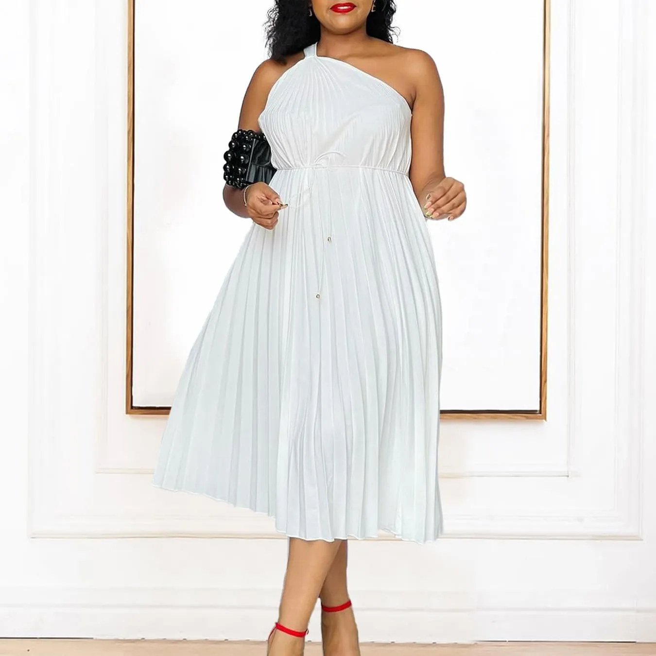 Summer New Solid Color Diagonal Shoulder Strap A-line Skirt Loose Pleated European and American Dress