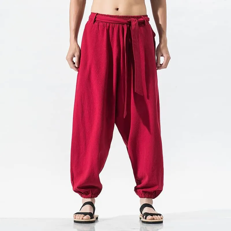 Summer Wide Leg Pants Men Cotton Linen Bloom Pants Mens Red Chinese Style Harem Pants Male Trousers