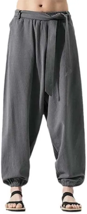 Summer Wide Leg Pants Men Cotton Linen Bloom Pants Mens Red Chinese Style Harem Pants Male Trousers
