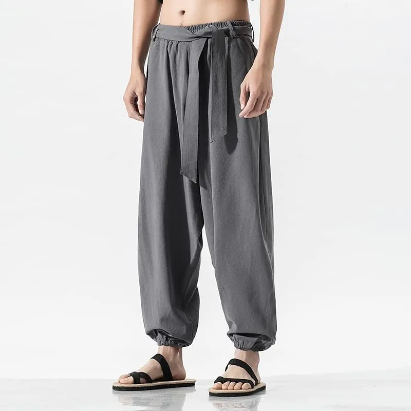 Summer Wide Leg Pants Men Cotton Linen Bloom Pants Mens Red Chinese Style Harem Pants Male Trousers