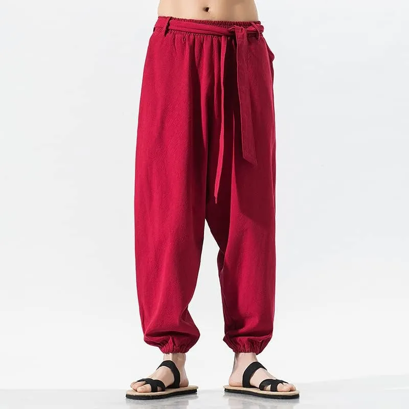 Summer Wide Leg Pants Men Cotton Linen Bloom Pants Mens Red Chinese Style Harem Pants Male Trousers
