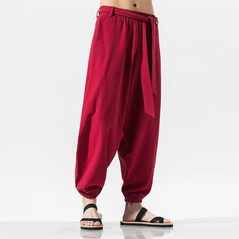 Summer Wide Leg Pants Men Cotton Linen Bloom Pants Mens Red Chinese Style Harem Pants Male Trousers