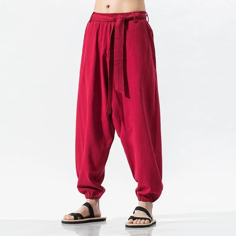 Summer Wide Leg Pants Men Cotton Linen Bloom Pants Mens Red Chinese Style Harem Pants Male Trousers