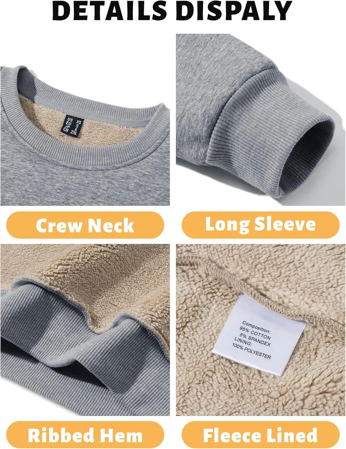 TACVASEN Men's Crewneck Sweatshirt Warm Sherpa Lined Sweatshirts Heavyweight Long Sleeve Underwear Winter Fleece Pullover