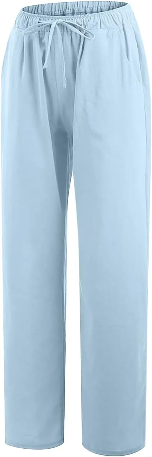 TARIENDY Women's Cotton Linen Pants Drawstring Elastic High Waist Wide Leg Lounge Palazzo Trousers Beach Vacation Outfits