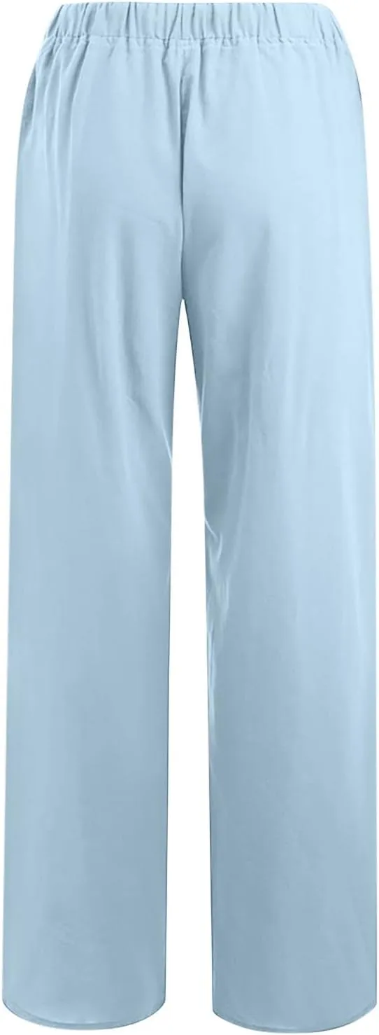 TARIENDY Women's Cotton Linen Pants Drawstring Elastic High Waist Wide Leg Lounge Palazzo Trousers Beach Vacation Outfits