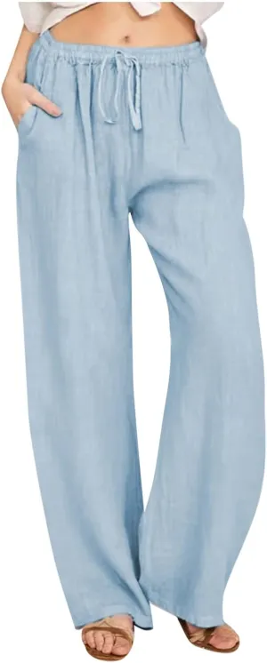 TARIENDY Women's Cotton Linen Pants Drawstring Elastic High Waist Wide Leg Lounge Palazzo Trousers Beach Vacation Outfits
