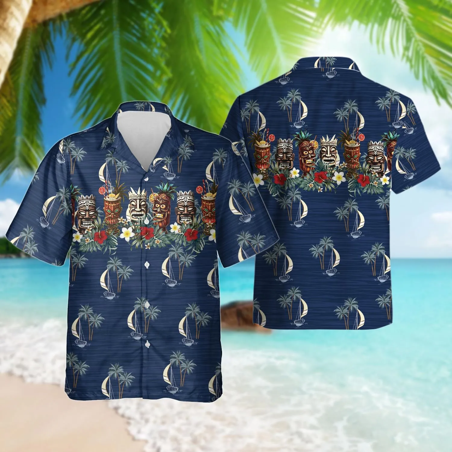 Tiki Hawaiian Shirts for Men - Tiki Lover Button Down Mens Shirts Short Sleeve Luau Beach Shirt