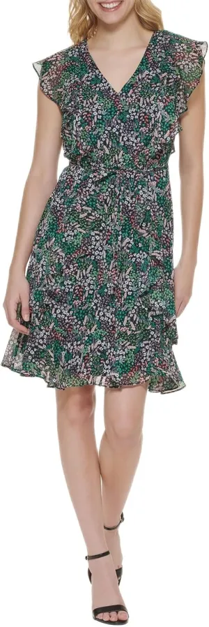 Tommy Hilfiger Women's Ruffle Trim Tie Waist Chiffon Mini Dress