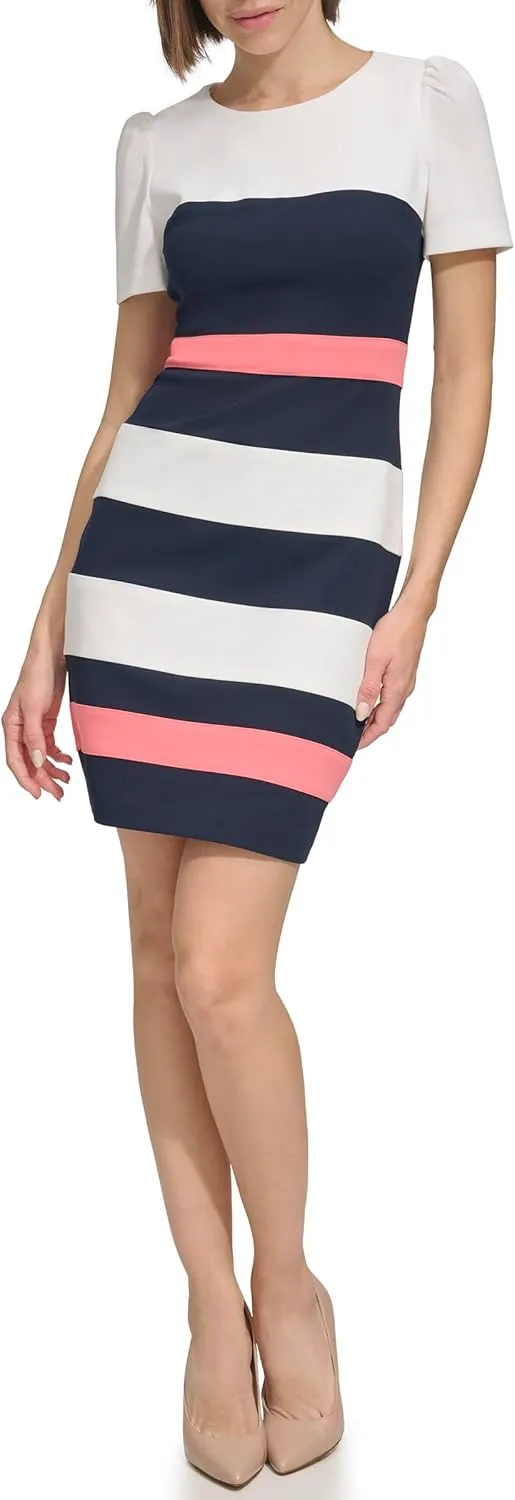 Tommy Hilfiger Women's Short Sleeve Striped Scuba Crepe Sheath Mini Dress