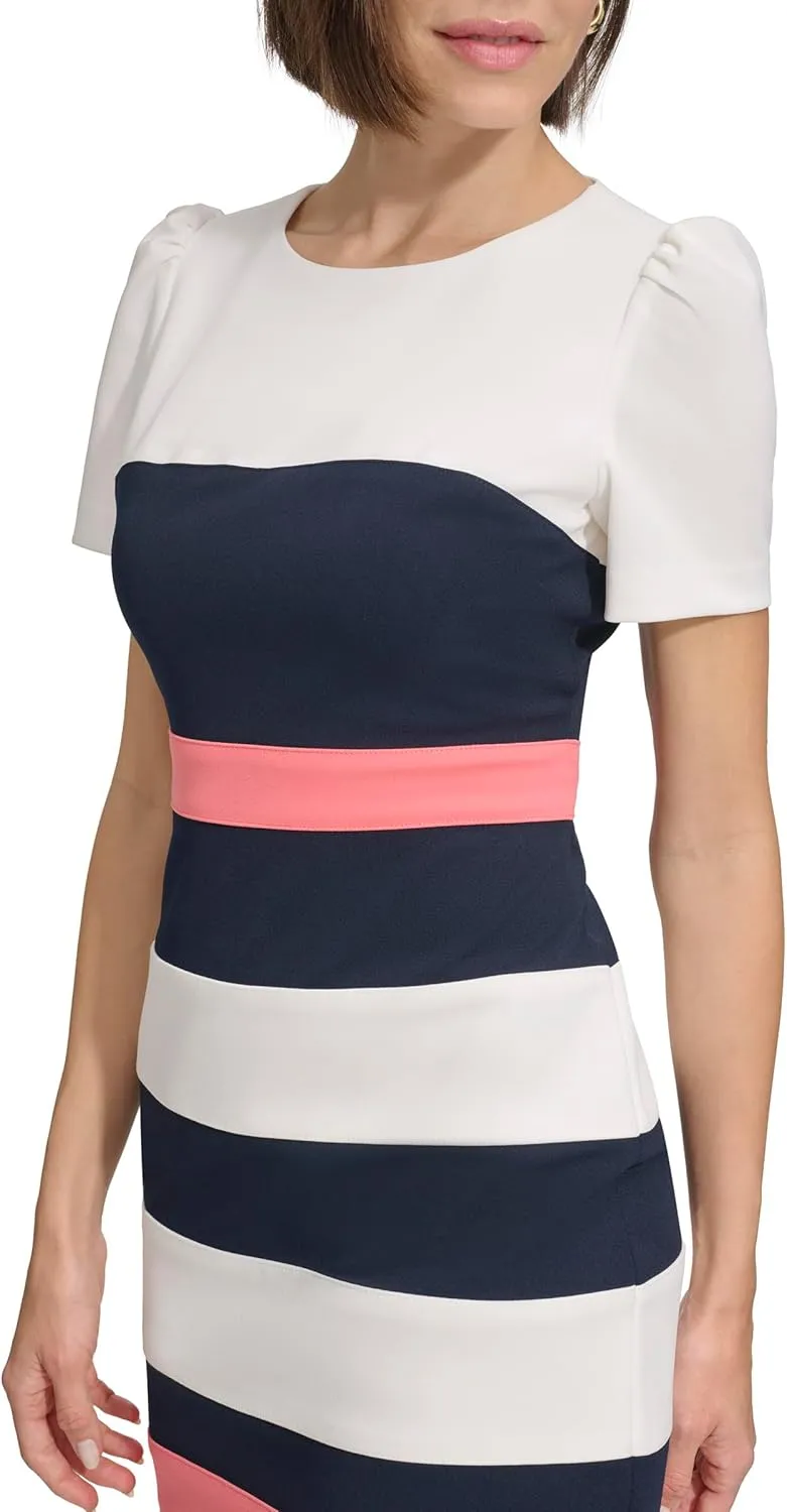 Tommy Hilfiger Women's Short Sleeve Striped Scuba Crepe Sheath Mini Dress
