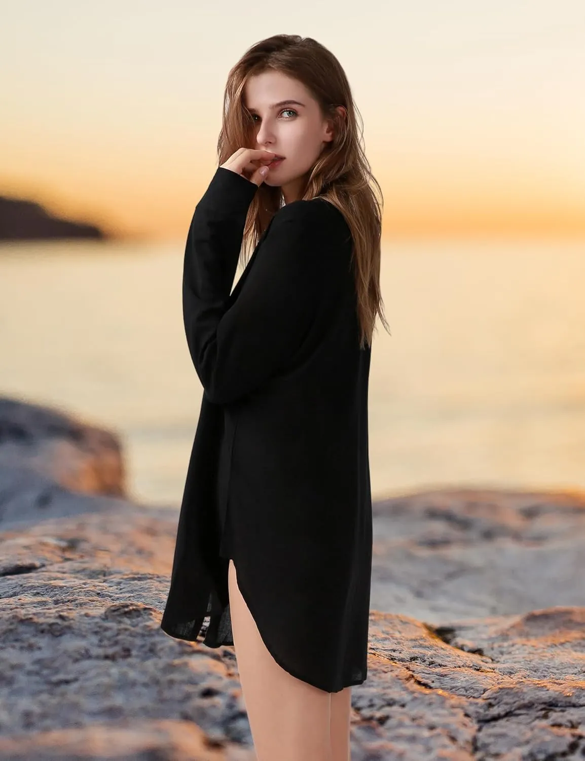 TOUSYEA Sleep Shirts for Women Button Down Shirts Long Sleeve Sleepwear Swimsuit Cover Ups Soft Pajama Tops