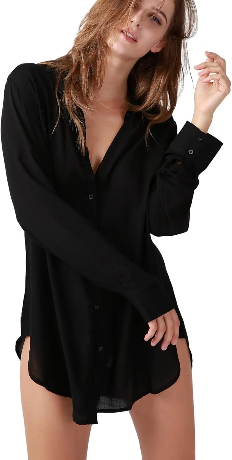 TOUSYEA Sleep Shirts for Women Button Down Shirts Long Sleeve Sleepwear Swimsuit Cover Ups Soft Pajama Tops