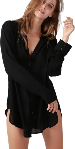 TOUSYEA Sleep Shirts for Women Button Down Shirts Long Sleeve Sleepwear Swimsuit Cover Ups Soft Pajama Tops