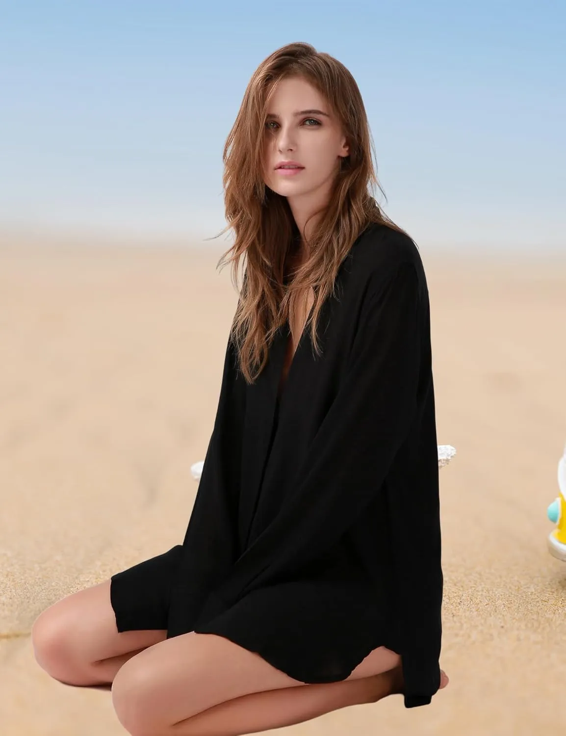 TOUSYEA Sleep Shirts for Women Button Down Shirts Long Sleeve Sleepwear Swimsuit Cover Ups Soft Pajama Tops
