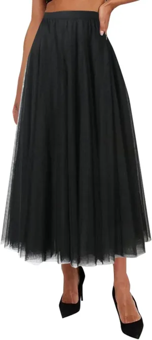Tulle Skirts for Women Long Flowy Midi Length Elastic High Waist Pleated Mesh Skirt A-Line Party Tulle Dress Womens Skirt