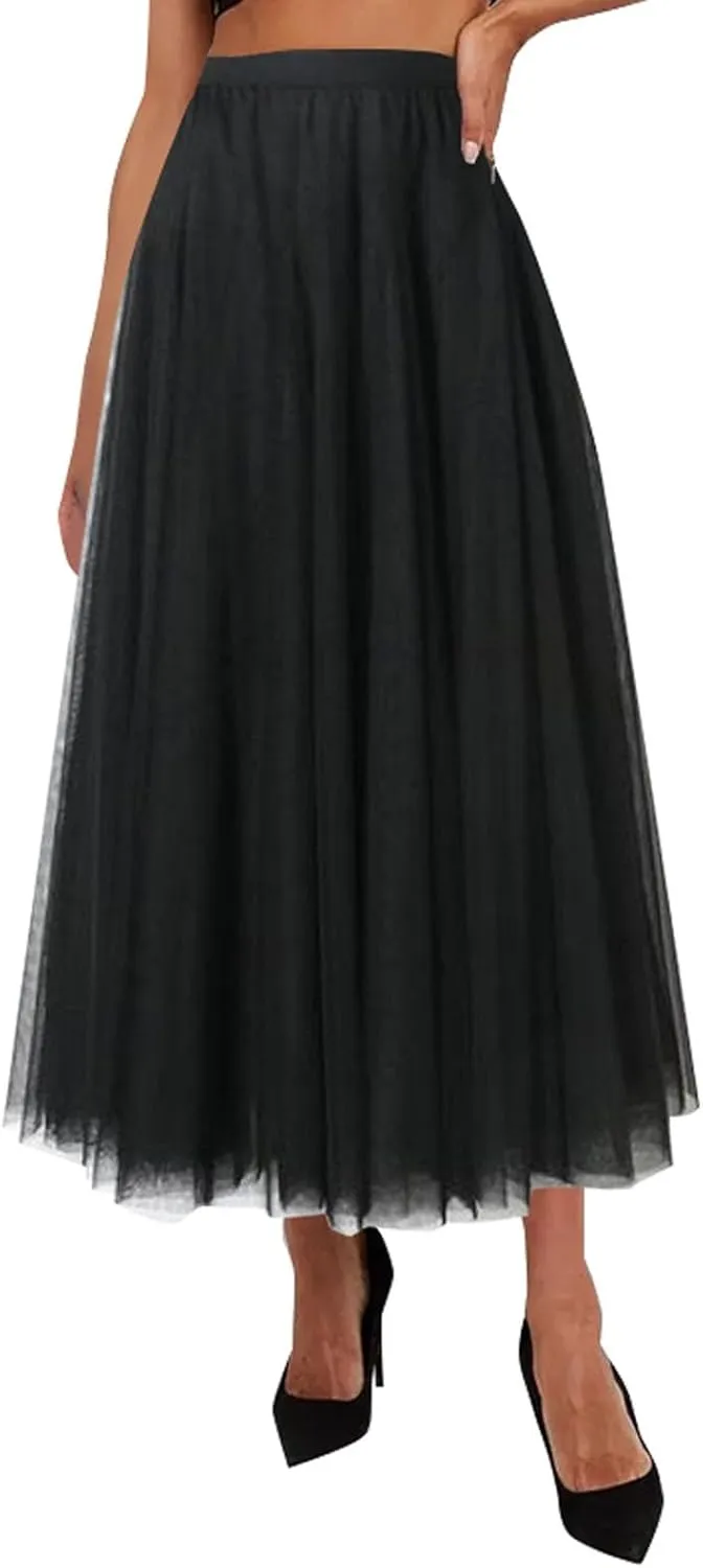 Tulle Skirts for Women Long Flowy Midi Length Elastic High Waist Pleated Mesh Skirt A-Line Party Tulle Dress Womens Skirt