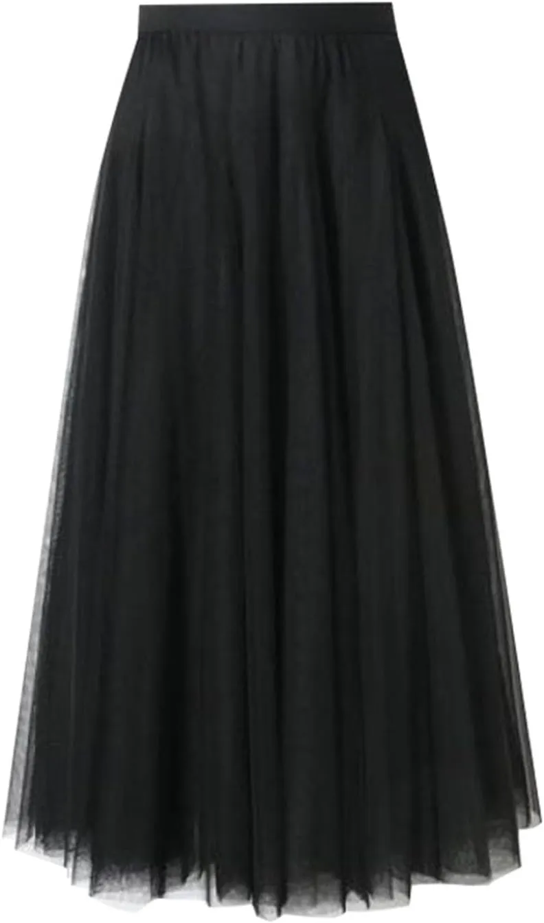 Tulle Skirts for Women Long Flowy Midi Length Elastic High Waist Pleated Mesh Skirt A-Line Party Tulle Dress Womens Skirt