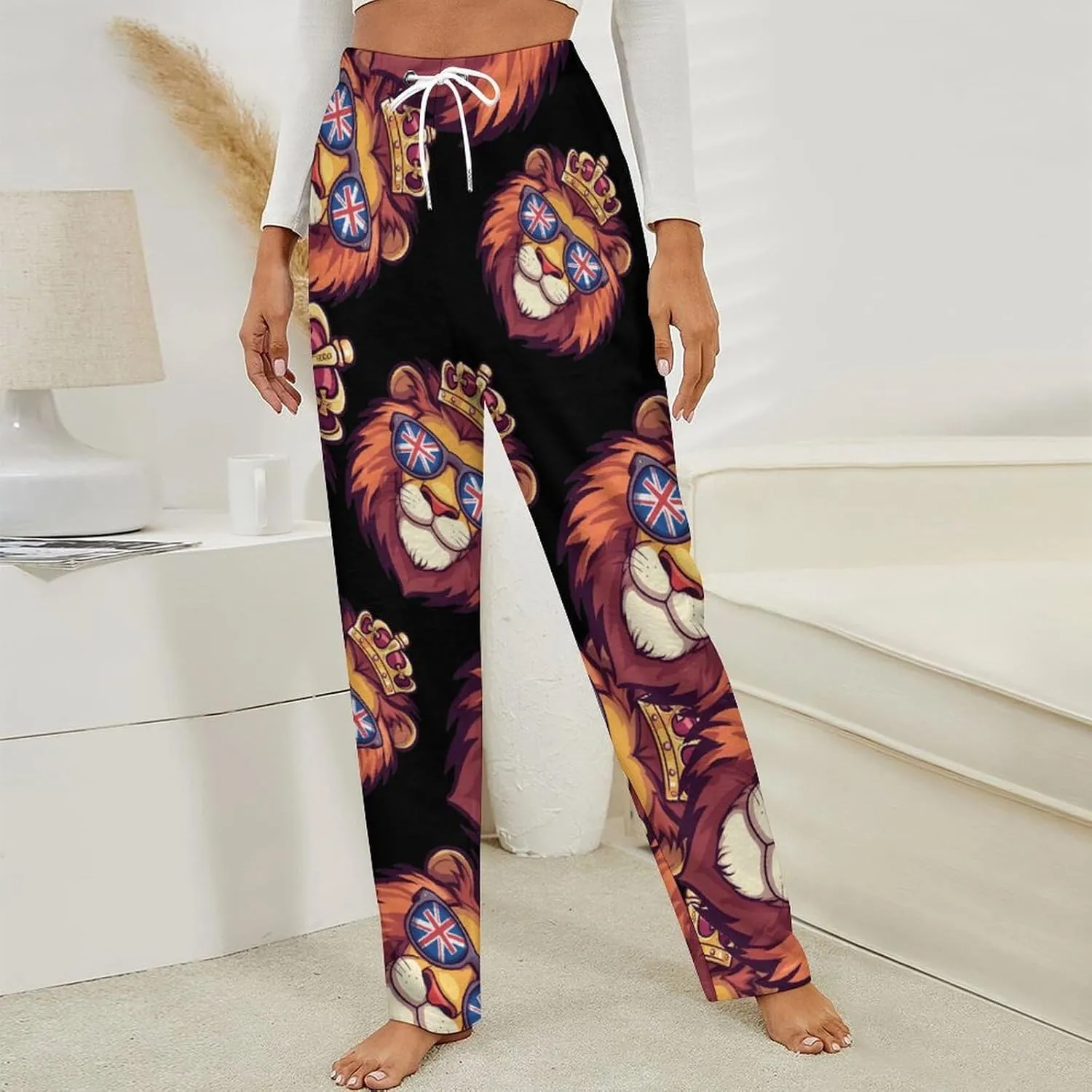 UK Flag British Lion Glasses Women's Pajama Pants Fleece Warm Pj Bottoms Sleepwear Lounge Pants Loungewear