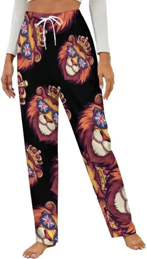 UK Flag British Lion Glasses Women's Pajama Pants Fleece Warm Pj Bottoms Sleepwear Lounge Pants Loungewear