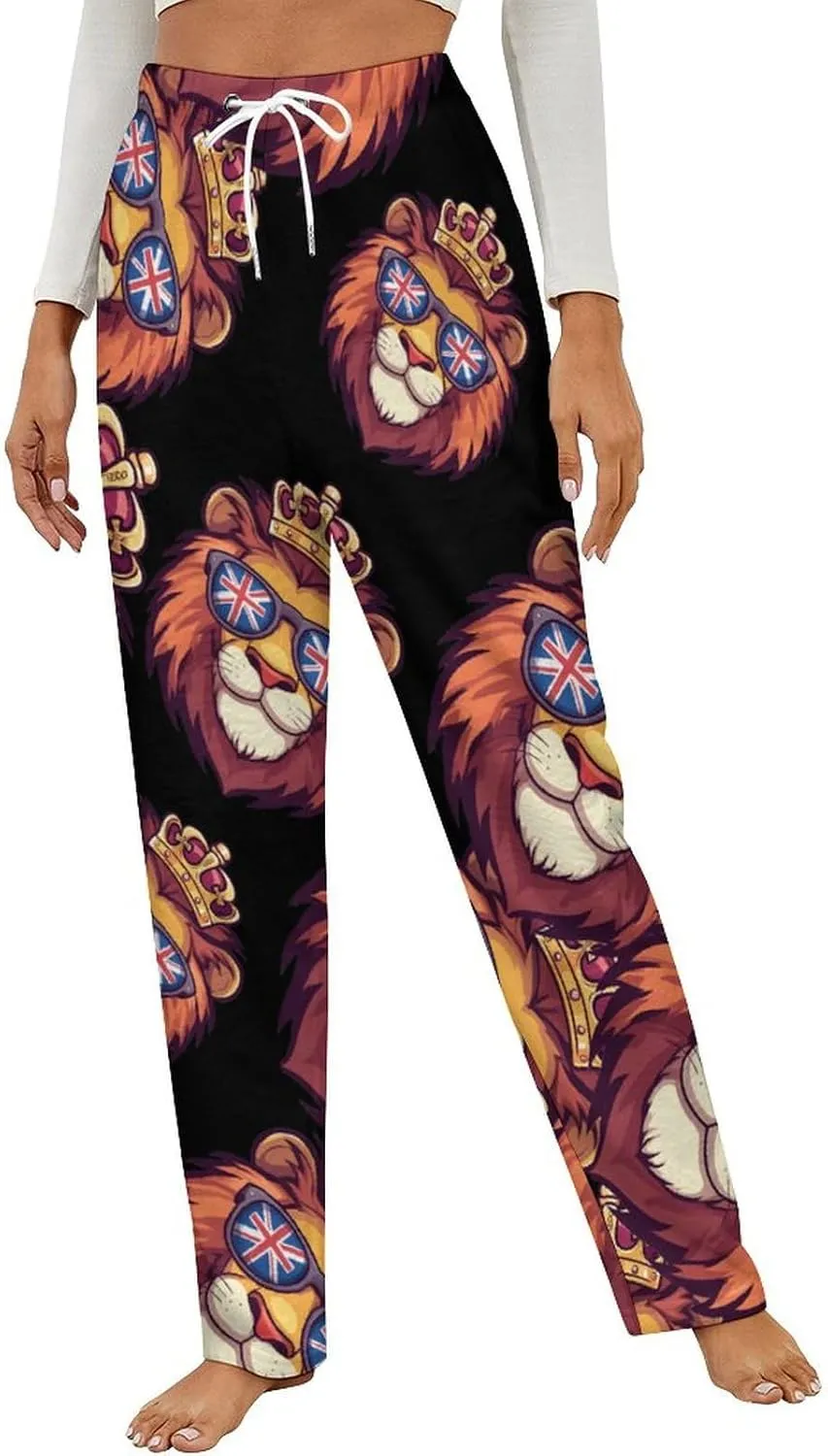 UK Flag British Lion Glasses Women's Pajama Pants Fleece Warm Pj Bottoms Sleepwear Lounge Pants Loungewear