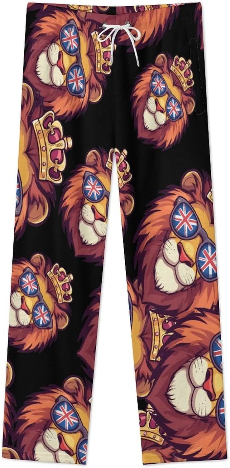 UK Flag British Lion Glasses Women's Pajama Pants Fleece Warm Pj Bottoms Sleepwear Lounge Pants Loungewear