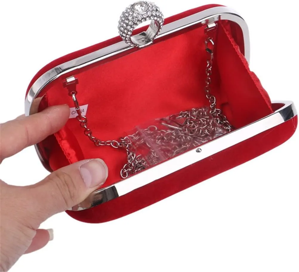 Velvet Women Evening Bags Finger Ring Crystal Clutches Chain Mini Party Wedding Bridal Shoulder Handbags