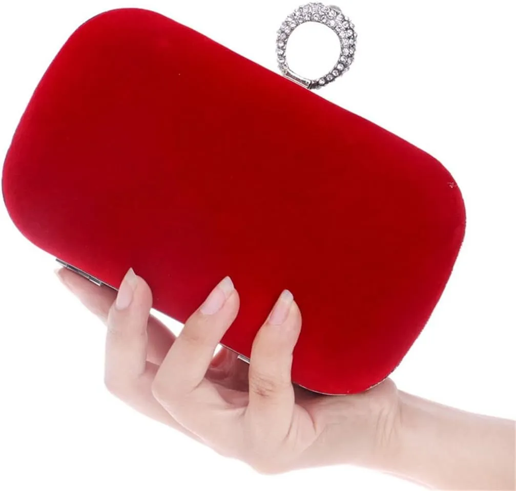 Velvet Women Evening Bags Finger Ring Crystal Clutches Chain Mini Party Wedding Bridal Shoulder Handbags