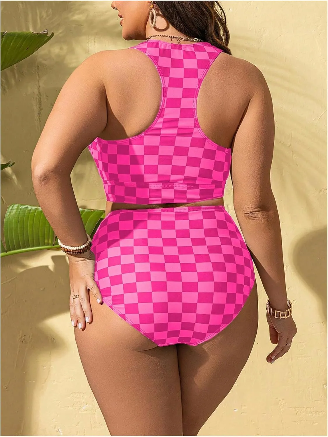 Verdusa Women's Plus Size Plaid Checkered Bikini Set Cut Out Bow Tie High Waisted Swimsuits