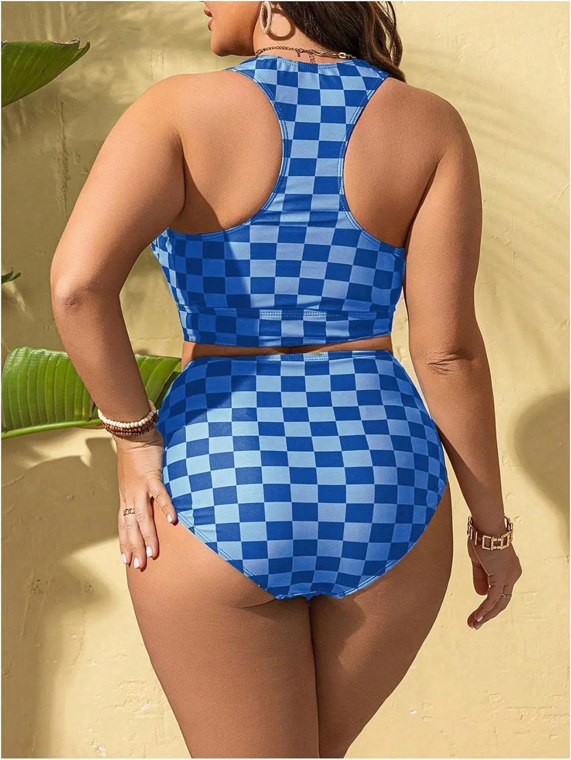 Verdusa Women's Plus Size Plaid Checkered Bikini Set Cut Out Bow Tie High Waisted Swimsuits