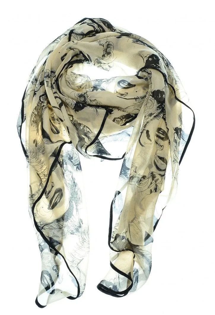 Vintage Chiffon Feel Marilyn Monroe Design Scarf/wrap w/Silk Black Border