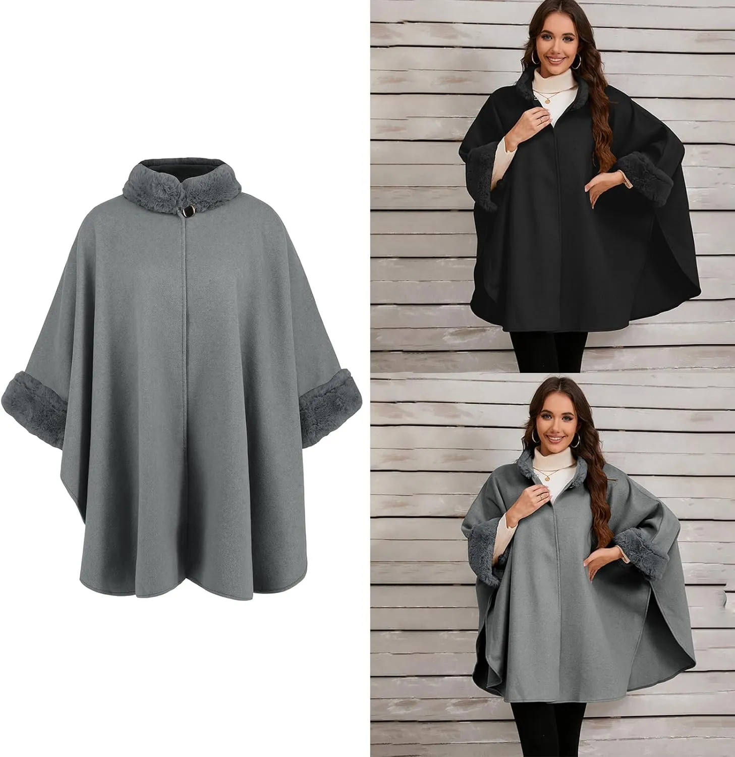 Vintage Loose Fit Ponchos Capes Coat with Furry Collar Cuffs for Women Winter Open Front Baggy Cloak Cardigan Shawl Wrap