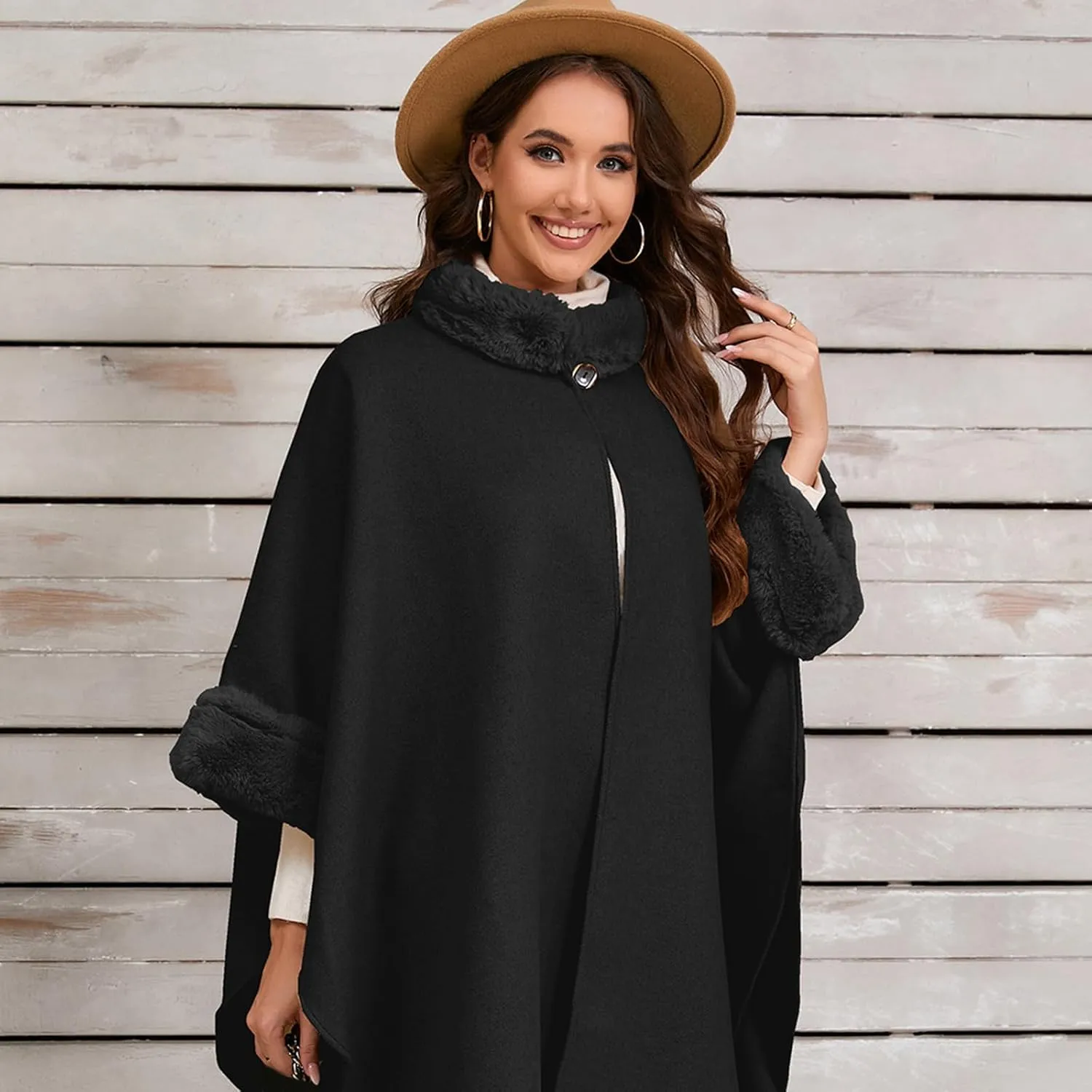 Vintage Loose Fit Ponchos Capes Coat with Furry Collar Cuffs for Women Winter Open Front Baggy Cloak Cardigan Shawl Wrap