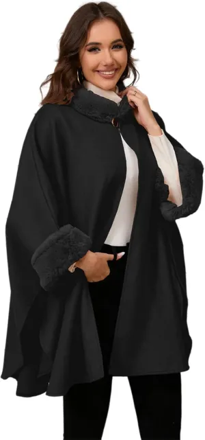 Vintage Loose Fit Ponchos Capes Coat with Furry Collar Cuffs for Women Winter Open Front Baggy Cloak Cardigan Shawl Wrap