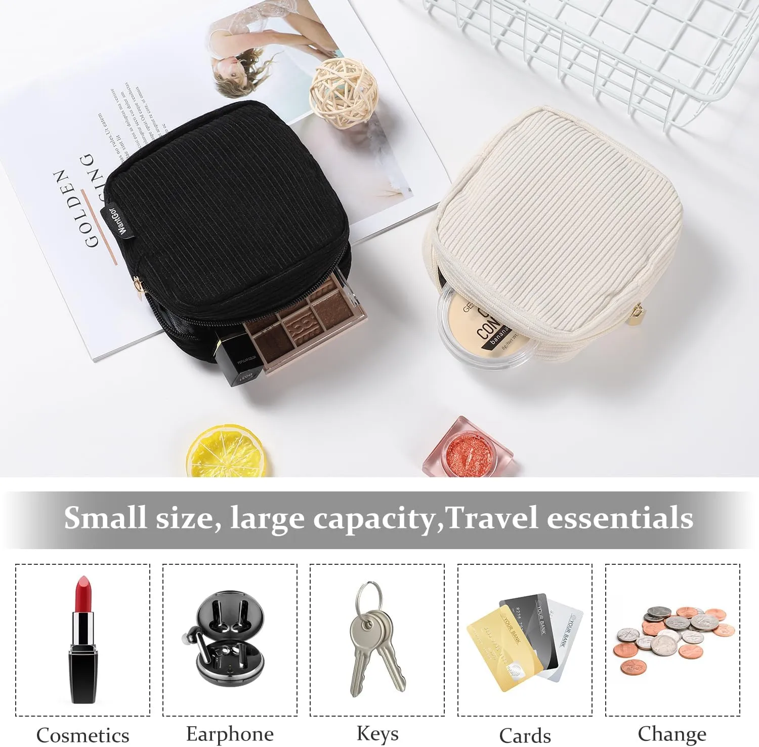 WantGor Small Corduroy Makeup Bag, Mini Cosmetic Storage Bags Coin Purse Zipper Pouch Travel Cosmetic Bag Lipstick Hair Accessories Organizers for Women (Black)