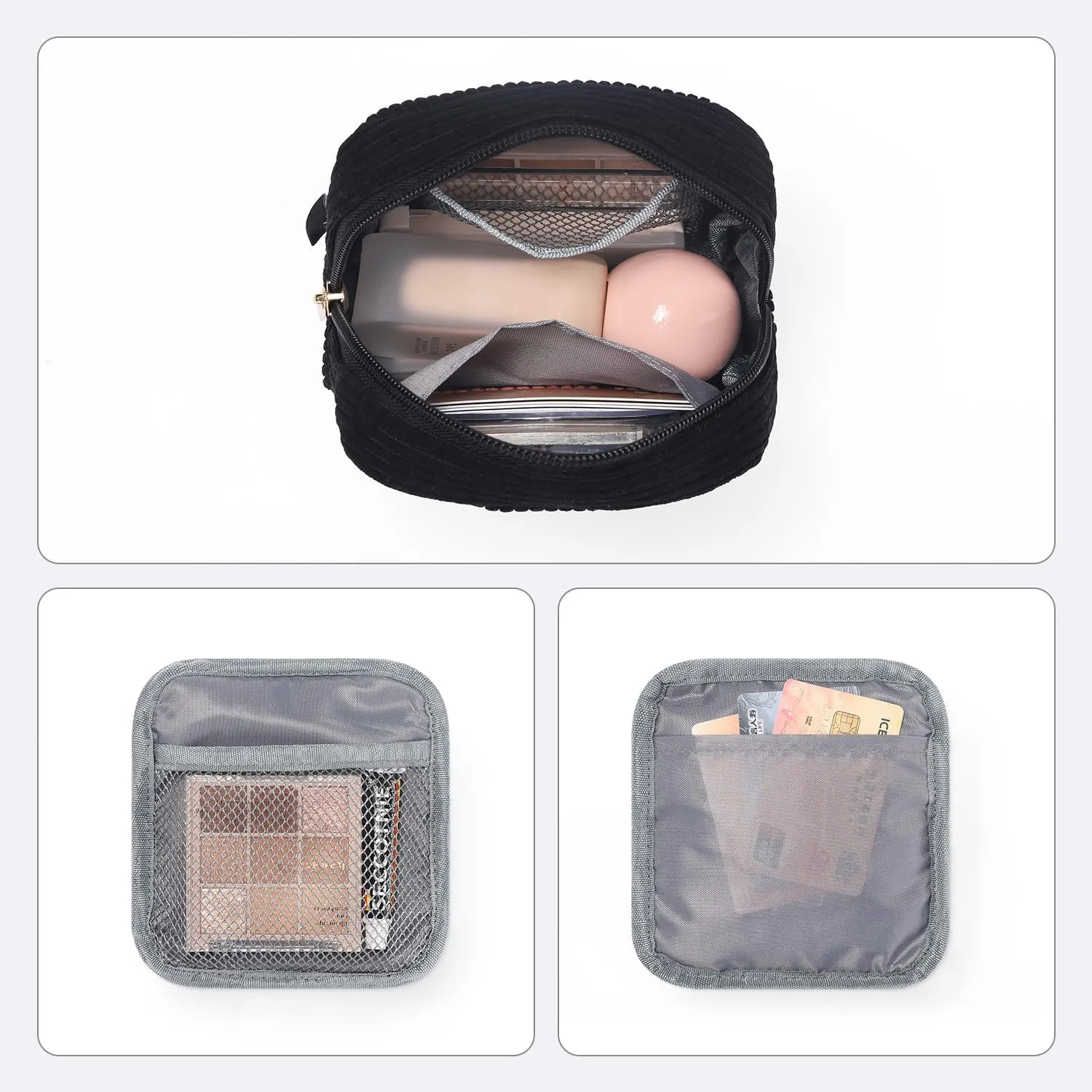 WantGor Small Corduroy Makeup Bag, Mini Cosmetic Storage Bags Coin Purse Zipper Pouch Travel Cosmetic Bag Lipstick Hair Accessories Organizers for Women (Black)