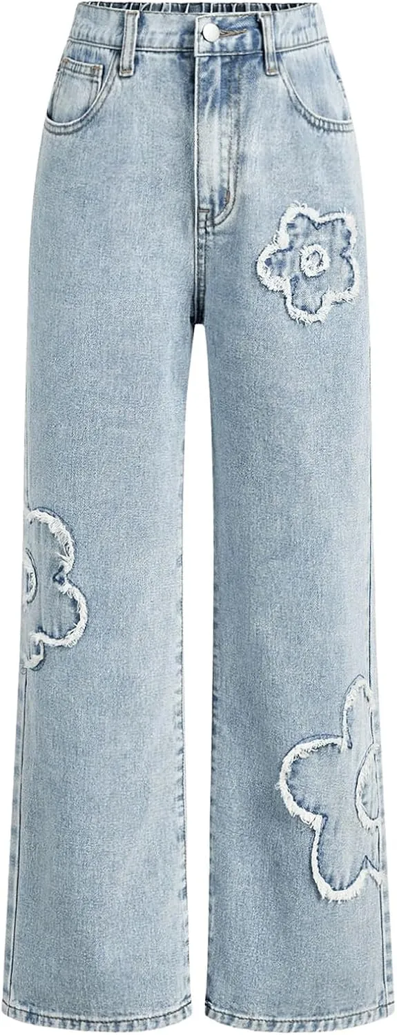 WDIRARA Girl's Bowknot Print Washed Jean Elastic Waist Denim Pants Straight Leg Trousers with Pockets