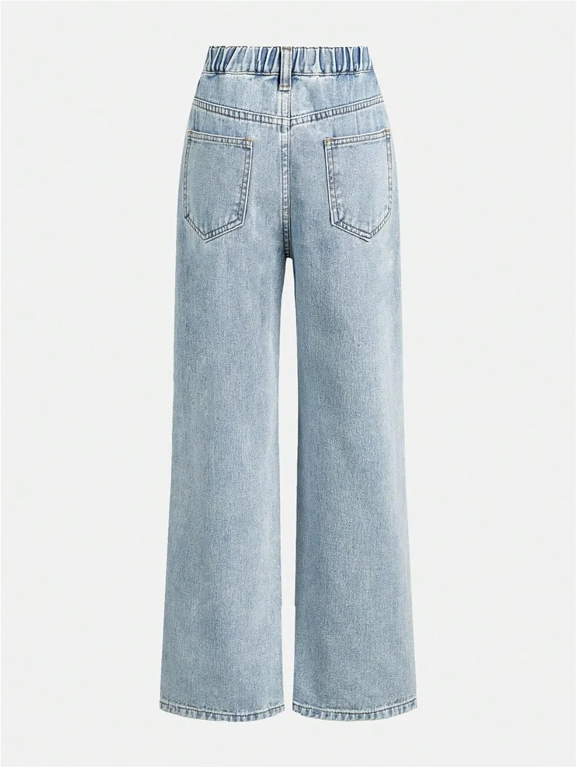 WDIRARA Girl's Bowknot Print Washed Jean Elastic Waist Denim Pants Straight Leg Trousers with Pockets