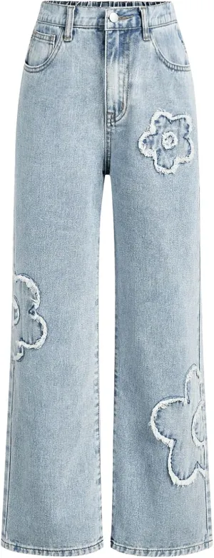 WDIRARA Girl's Bowknot Print Washed Jean Elastic Waist Denim Pants Straight Leg Trousers with Pockets