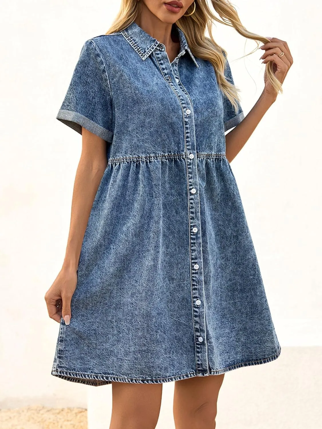 Wenrine Women's Summer Denim Dress Button Down Short Sleeve Casual Tiered Babydoll Jean Dresses
